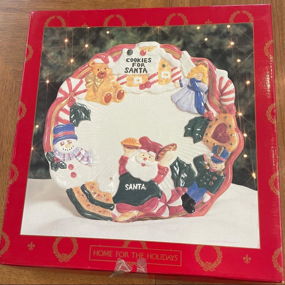 Vintage Home for the holidays ceramic Christmas plate Santa Claus 11”